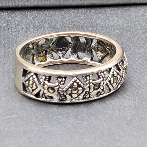 VTG Sterling Silver & Marcasite Lace Filigree 6.3mm Band Ring Size 7.5 Signed - Picture 2 of 7